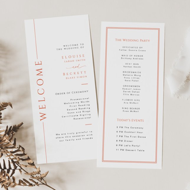 Modern Orange Typography Wedding Program Card (Creator Uploaded)