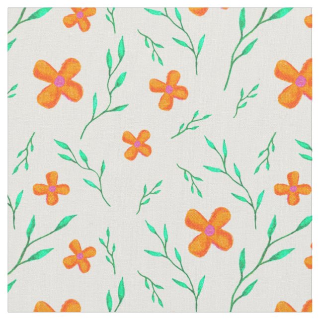 Modern Orange Watercolor Flower Pattern Floral Fabric (Close Up)