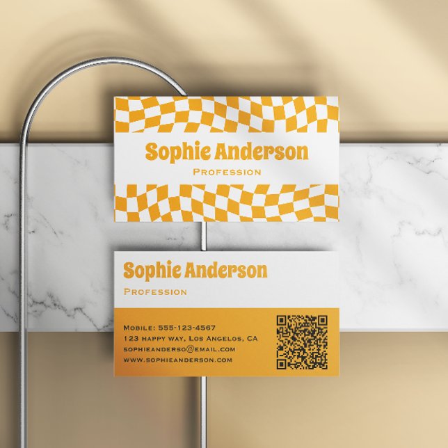 Modern Orange Wavy Chequerboard QR Code Business Card (Creator Uploaded)