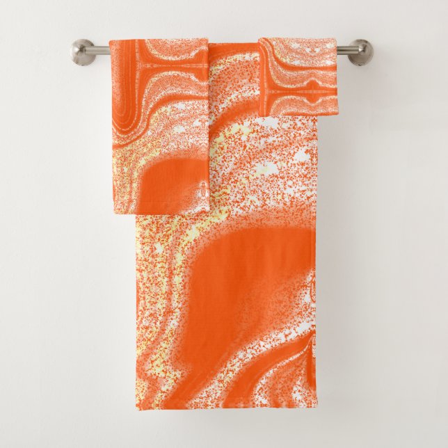 Modern orange white abstract marble pattern bath towel set (Insitu)