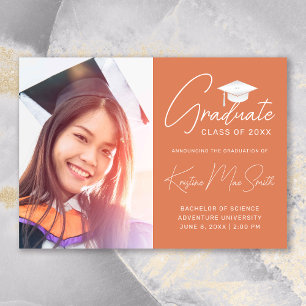Modern Orange White Cap Photo College Graduation Announcement