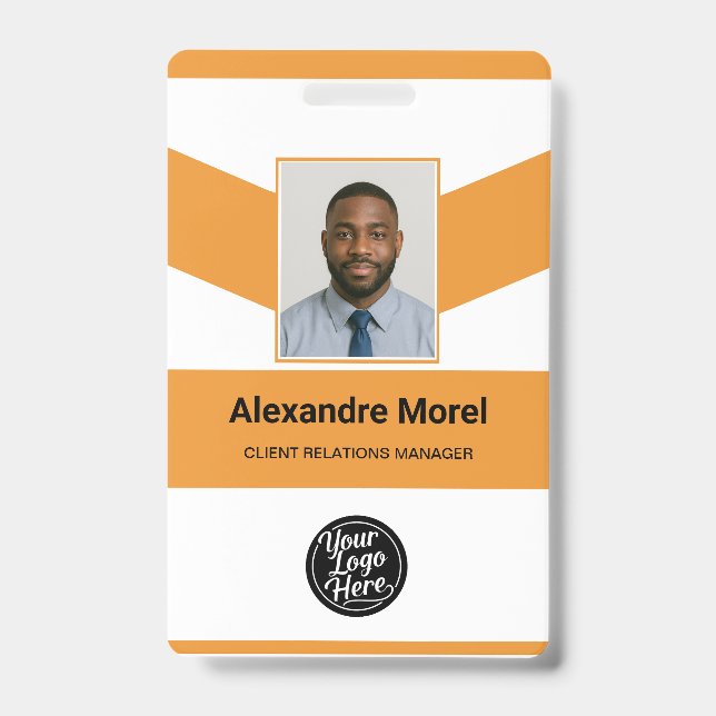 Modern Orange White Chevron Photo Employee ID Badge (Front)