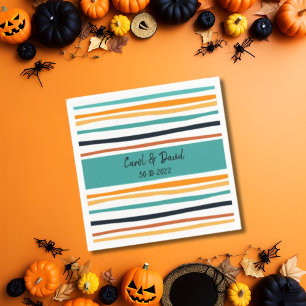 Modern Orange White Striped Halloween Wedding Napkin