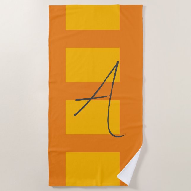 Modern Orange Yellow Colour Monogram Name Initial Beach Towel (Front)