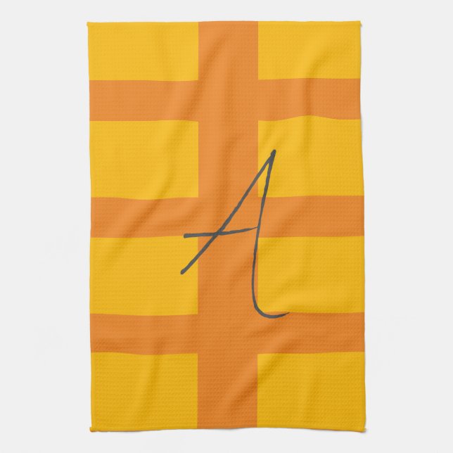 Modern Orange Yellow Colour Monogram Name Initial Tea Towel (Vertical)