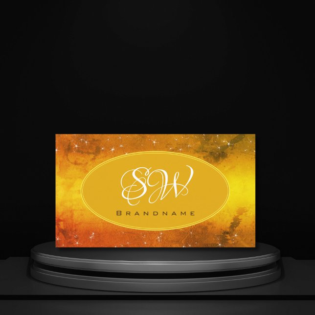 Modern Orange Yellow Marble Glitter Stars Initials Business Card (Creator Uploaded)