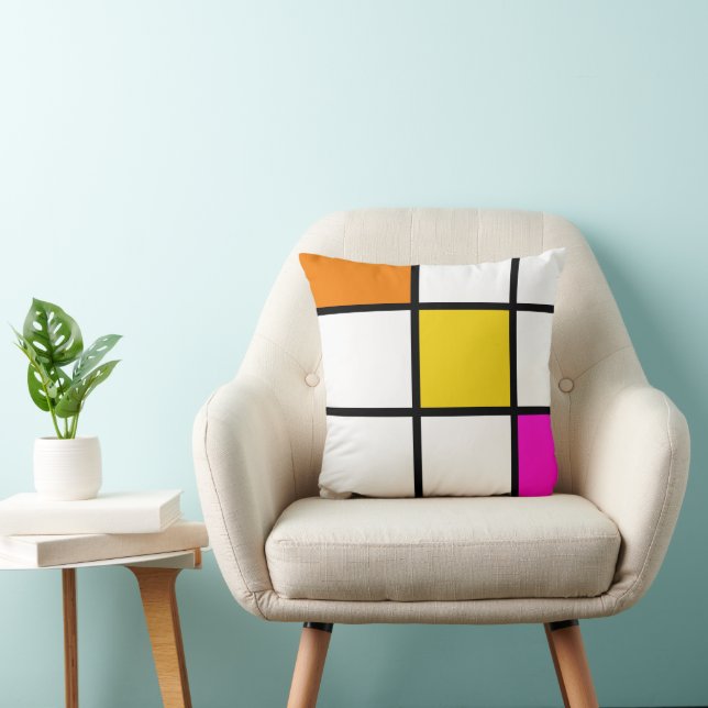 Modern Orange Yellow Pink Mondrian Style Cushion (Chair)