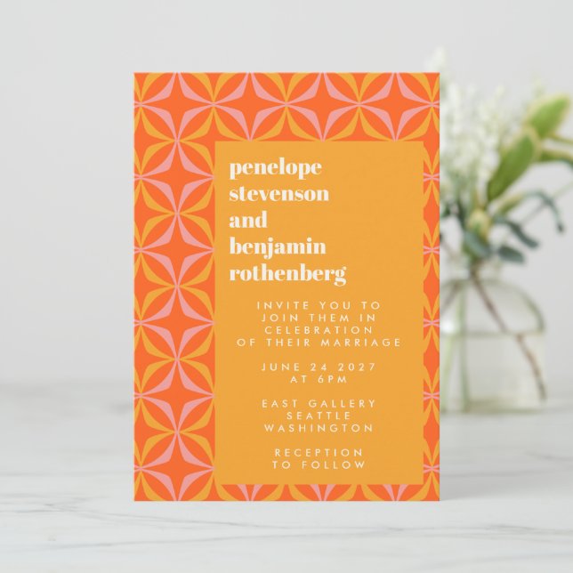 Modern Orange Yellow Retro Typography Wedding  Invitation (Standing Front)