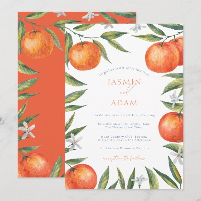 Modern Oranges Mediterranean Citrus Wedding Invitation (Front/Back)
