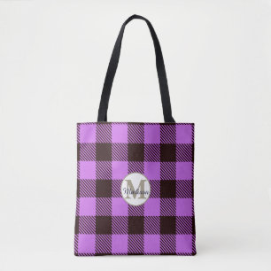 Modern Orchid Black Plaid Tartan Monogram Name Tote Bag