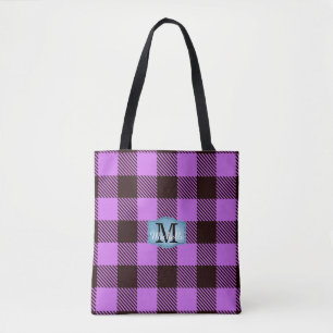 Modern Orchid Black Tartan Jeans Monogram Name Tote Bag