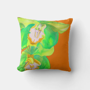 Modern orchid pop art flower on orange cushion