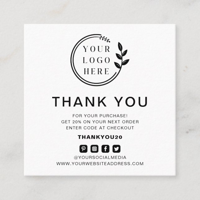 Modern Order Thank You Custom Logo Social Media Square Business Card (Front)