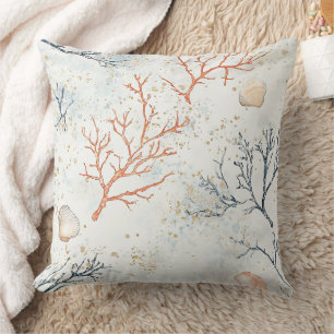 Modern Organic Coral Branches Beige Blue Cushion