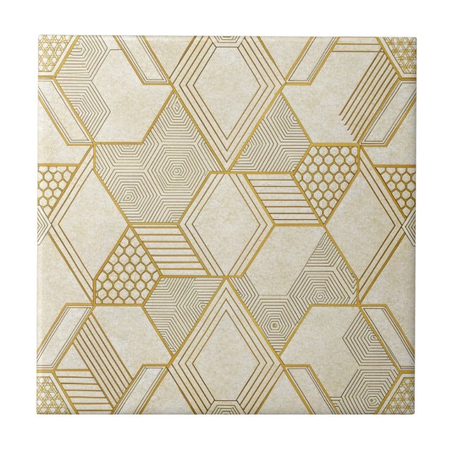 Modern Organic Hexagon Pattern | Cream and Beige 2 Ceramic Tile (Front)