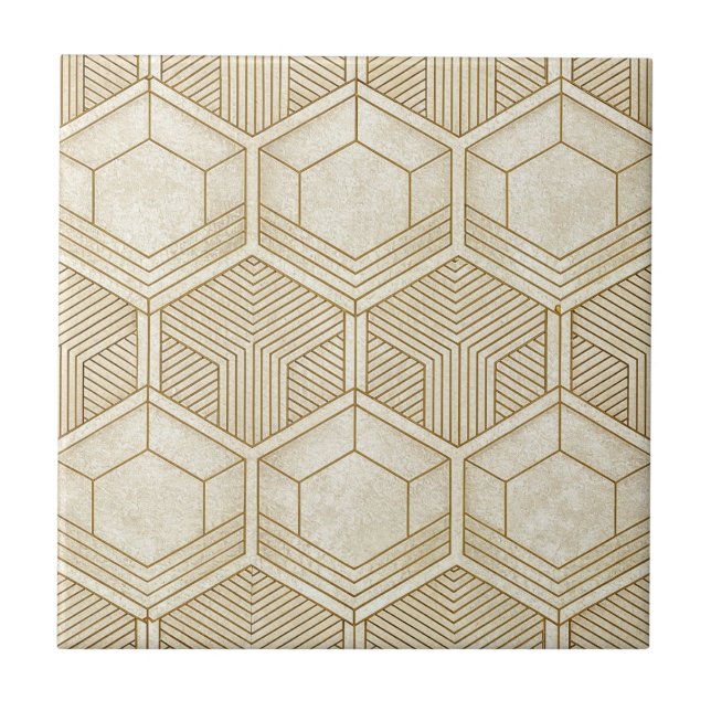 Modern Organic Hexagon Pattern | Cream and Beige Ceramic Tile (Front)
