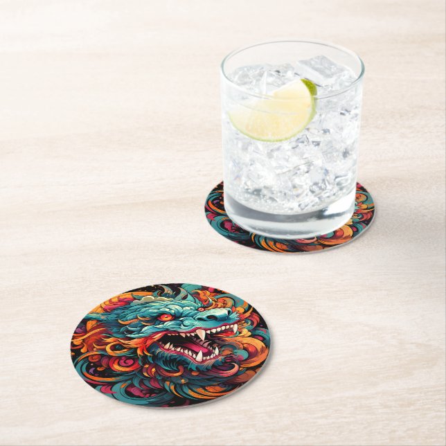 Modern Oriental Dragon Majesty Round Paper Coaster (Insitu)