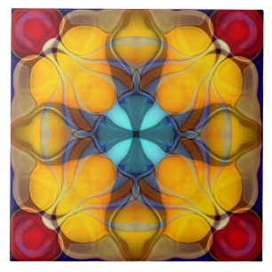 Modern, ornamental, elegant, yellow, teal, red ceramic tile