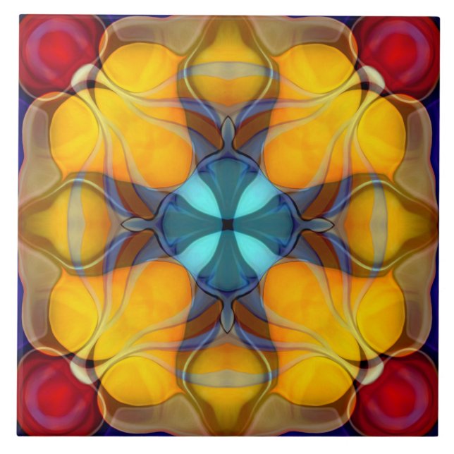 Modern, ornamental, elegant, yellow, teal, red ceramic tile (Front)