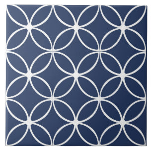 Modern, ornamental petals, navy blue, white ceramic tile