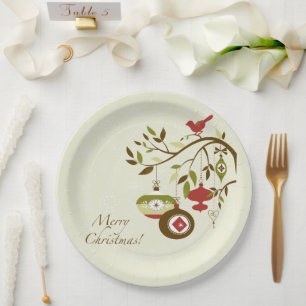 Modern Ornaments Bird on Tree Merry Christmas  Paper Plate