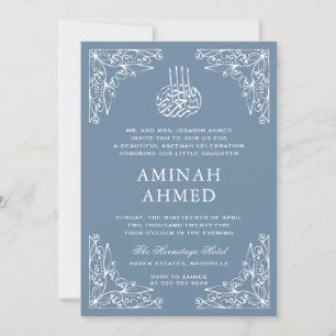 Modern Ornate Dusty Blue Islamic Aqiqa Aqeeqa Baby Invitation