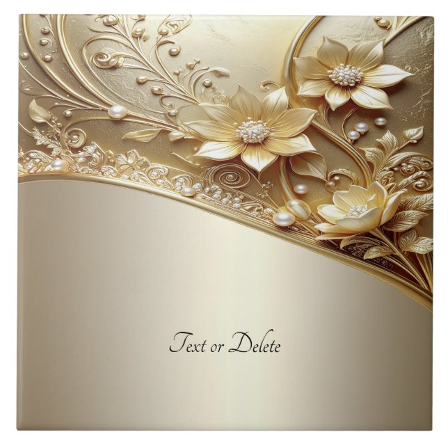 Modern Ornate Gold Floral Ceramic Tile (Front)
