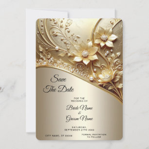 Modern Ornate Gold Floral with Pearl Save The Date