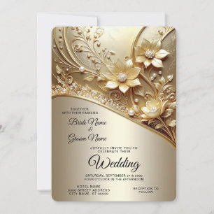 Modern Ornate Gold Floral with Pearls Wedding Invitation