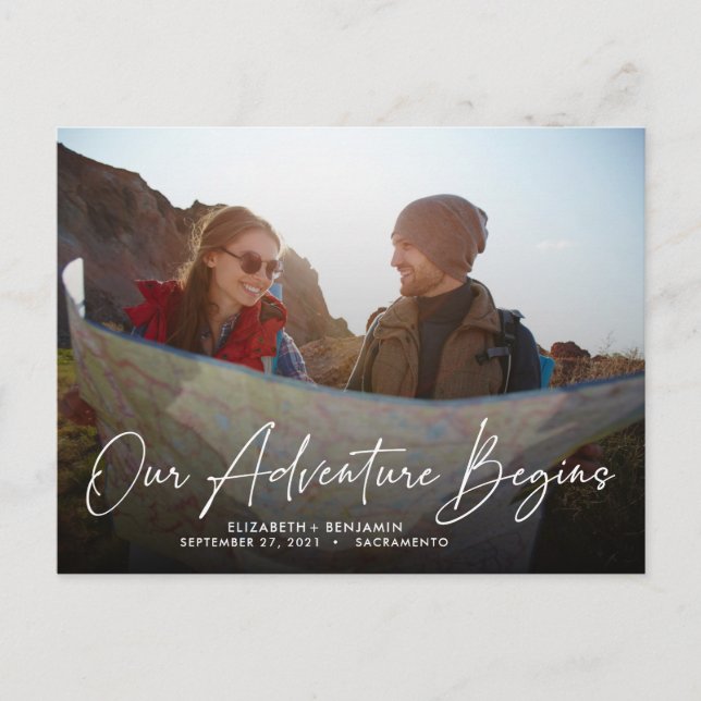 Modern Our Adventure Begins Photo Save The Date Postcard (Front)