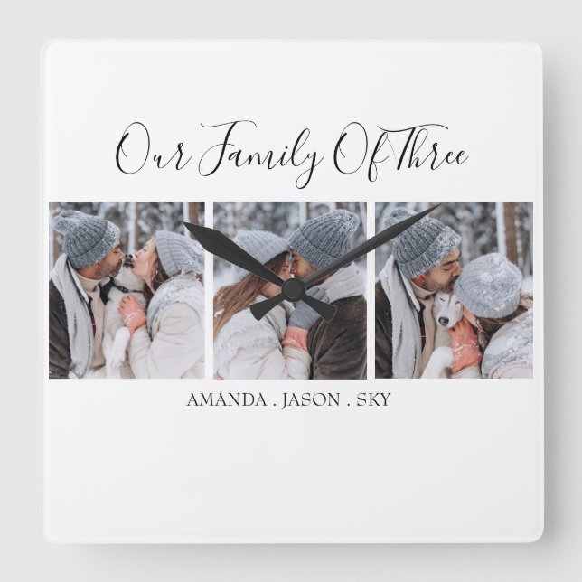 Modern Our Family Of Three | Photo Square Wall Clock (Front)