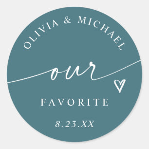 Modern Our Favourite Handwriting Teal Wedding Trea Classic Round Sticker