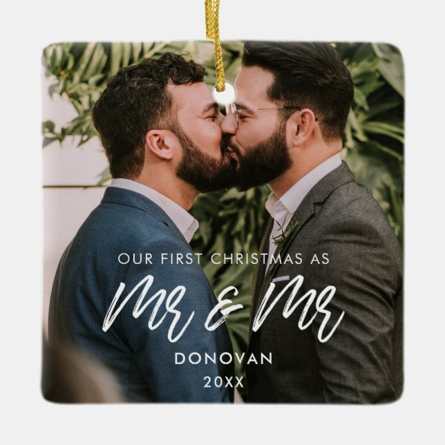 Modern Our First Christmas as Mr and Mr photo Ceramic Ornament (Front)