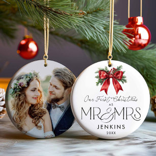 Modern Our First Christmas as Mr and Mrs Photo Ceramic Ornament