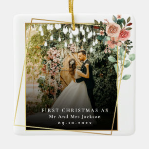 Modern Our First Christmas As Mr & Mrs Floral Ceramic Ornament