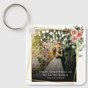 Modern Our First Christmas As Mr & Mrs Floral  Key Ring