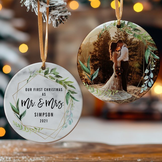 Modern Our First Christmas As Mr & Mrs Photo Ceramic Ornament (Creator Uploaded)