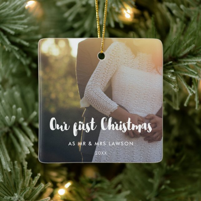 Modern Our First Christmas couple photo Ceramic Ornament (Tree)