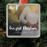 Modern Our First Christmas couple photo Metal Ornament<br><div class="desc">A modern typography for this photo ornaments collection. To customise with your favourite picture. You can also easily change the colour of the font to your liking.</div>