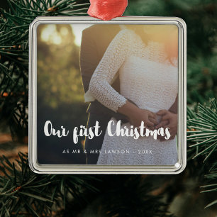 Modern Our First Christmas couple photo Metal Ornament