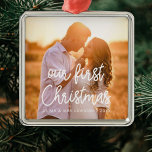 Modern Our First Christmas couple photo Metal Ornament<br><div class="desc">A modern typography for this photo ornaments collection. To customise with your favourite picture. You can also easily change the colour of the font to your liking.</div>