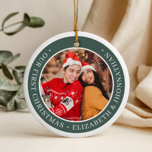 Modern Our First Christmas Couple Photos Green Ceramic Ornament