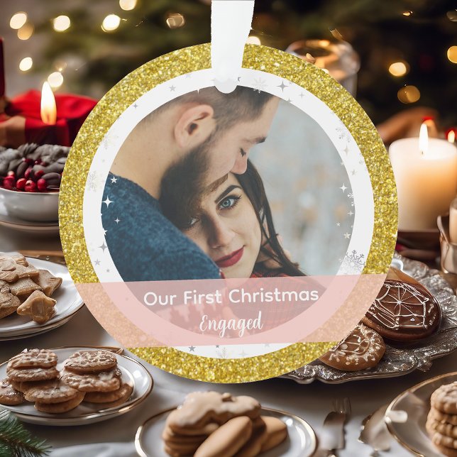 Modern Our First Christmas Engaged 2 Photos Ornament (Our First Christmas Together Engaged. Elegant Golden Glitter Christmas Ornament. 2 Photos Snowflakes)