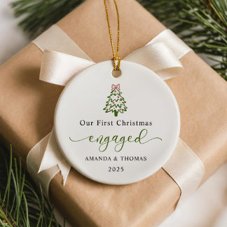 Modern Our First Christmas Engaged Photo Ceramic Ornament