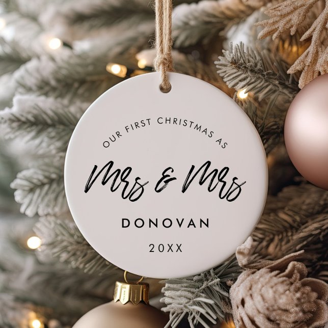 Modern Our First Christmas Lesbian Couple Photo Ceramic Ornament (Creator Uploaded)