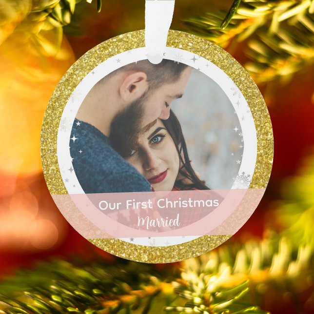 Modern Our First Christmas Married 2 Photos Ornament (Our First Christmas Together Married. Elegant Golden Glitter Christmas Ornament. 2 Photos Snowflakes)