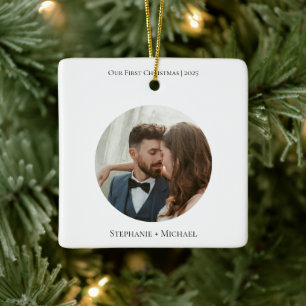 Modern Our First Christmas Married Custom Photo Ceramic Ornament