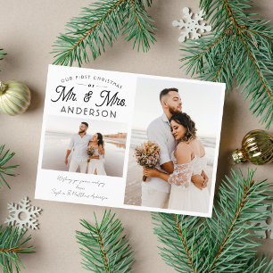 Modern Our First Christmas Mr. and Mrs. Two Photo  Announcement Postcard