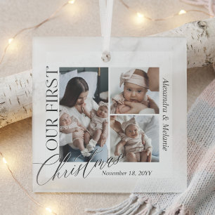 Modern Our First Christmas Twin Baby Photo Collage Glass Tree Decoration