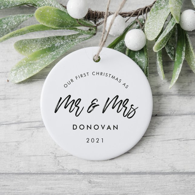 Modern Our First Christmas wedding photo Ceramic Ornament (Creator Uploaded)